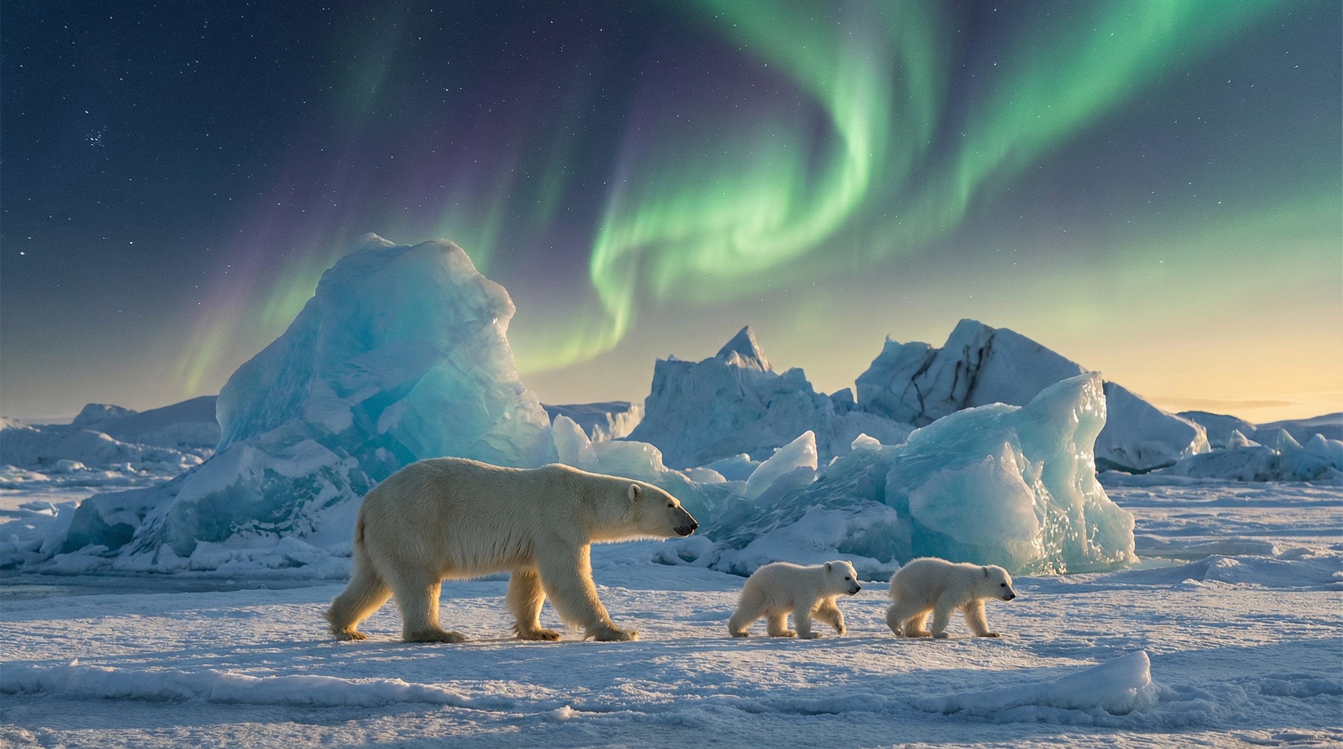 高清3D动漫北极熊极光视频